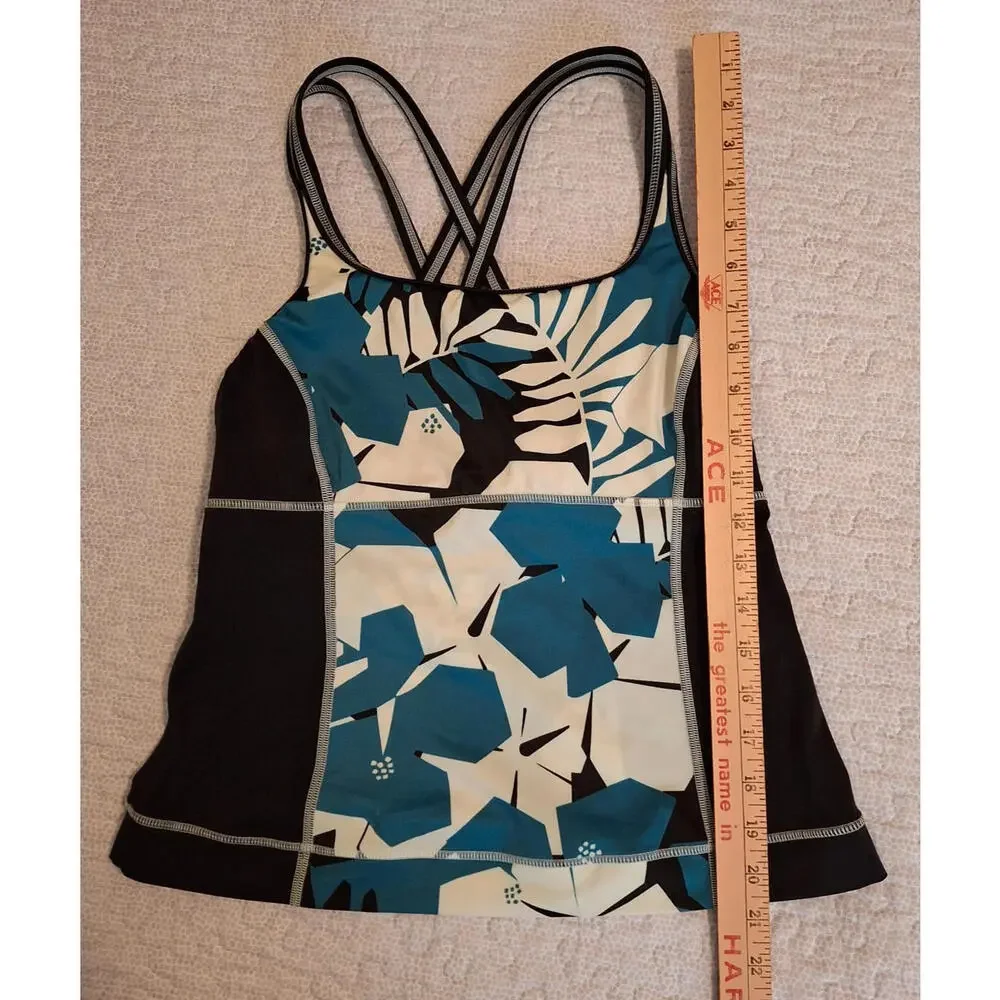 Lands' End Womens 6 Tankini Top Black Teal Floral Crisscross Strappy Back Sporty